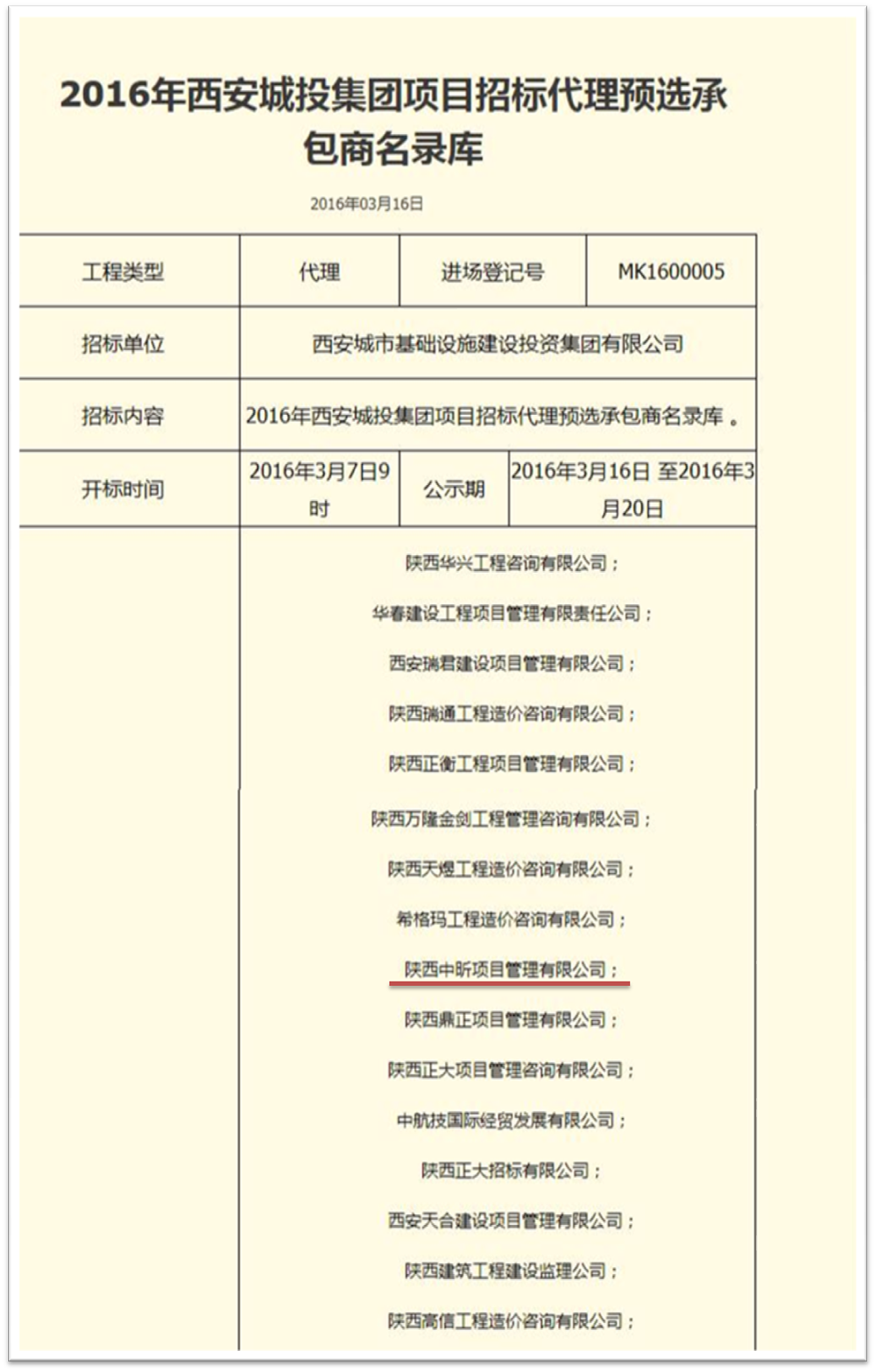 公司入围2016年西安城投集团项目招标代理预选承 包商名录库